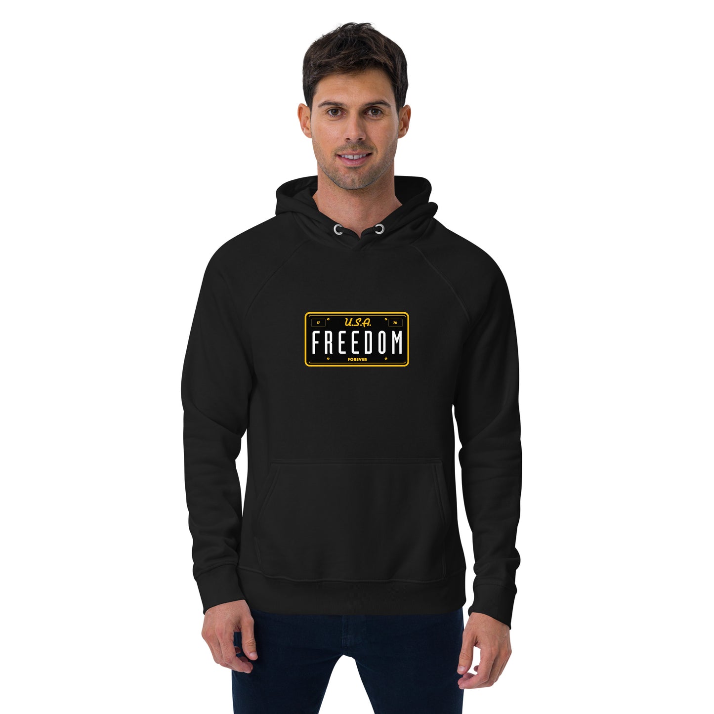 USA Freedom Forever License Plate- 100% ORGANIC COTTON- Unisex eco raglan hoodie