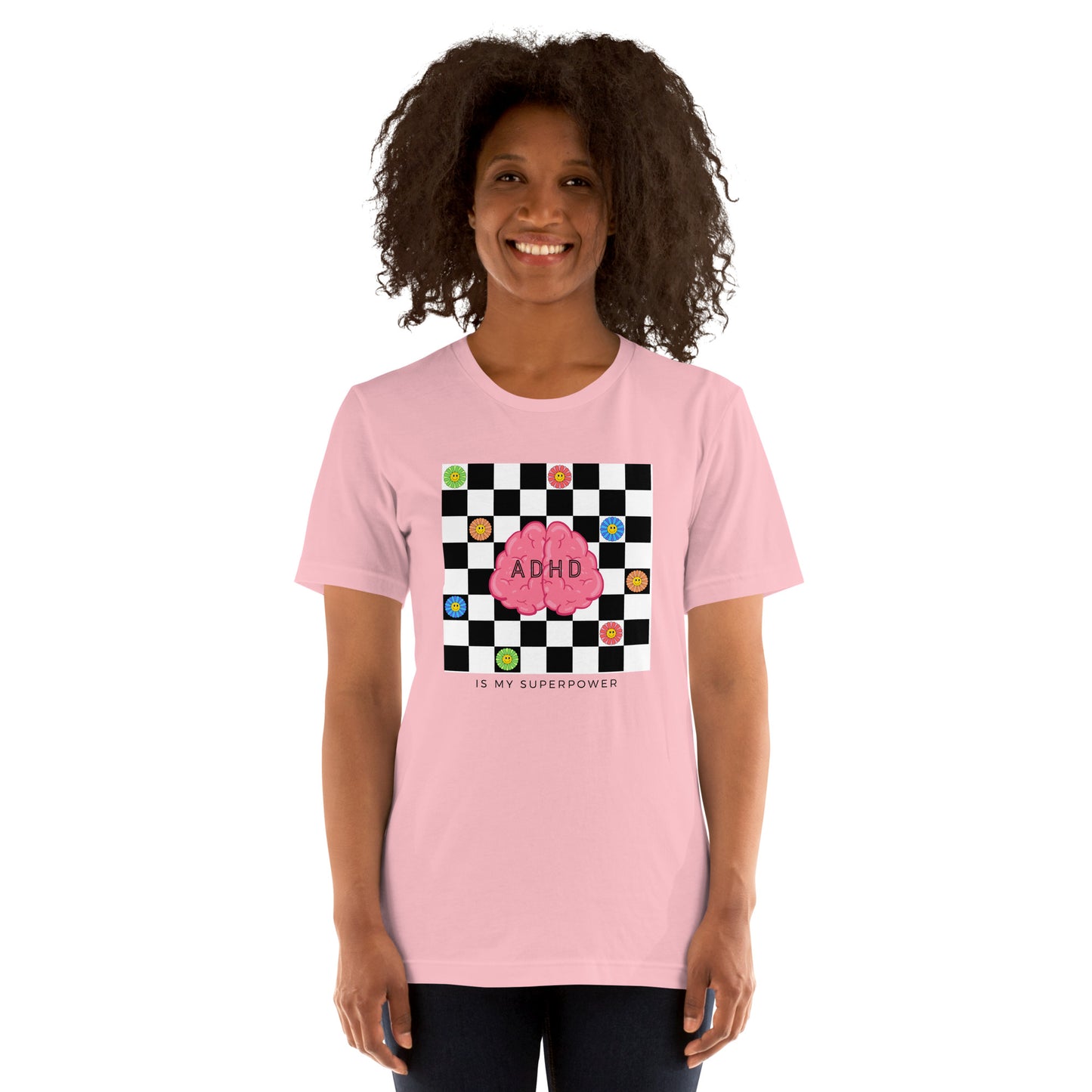 ADHD is my Super Power- Checkerboard Daisy- black- Unisex t-shirt