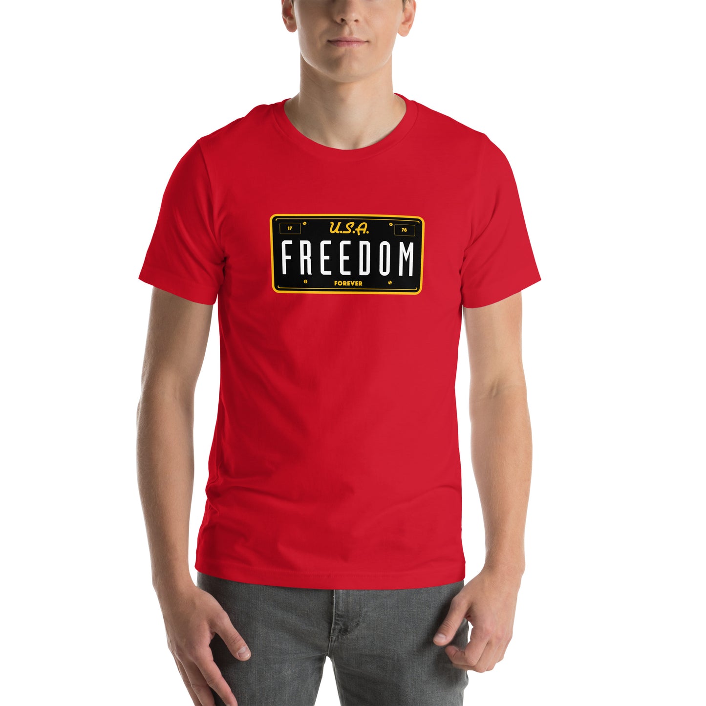 USA Freedom Forever License Plate- 100% COTTON- Unisex t-shirt