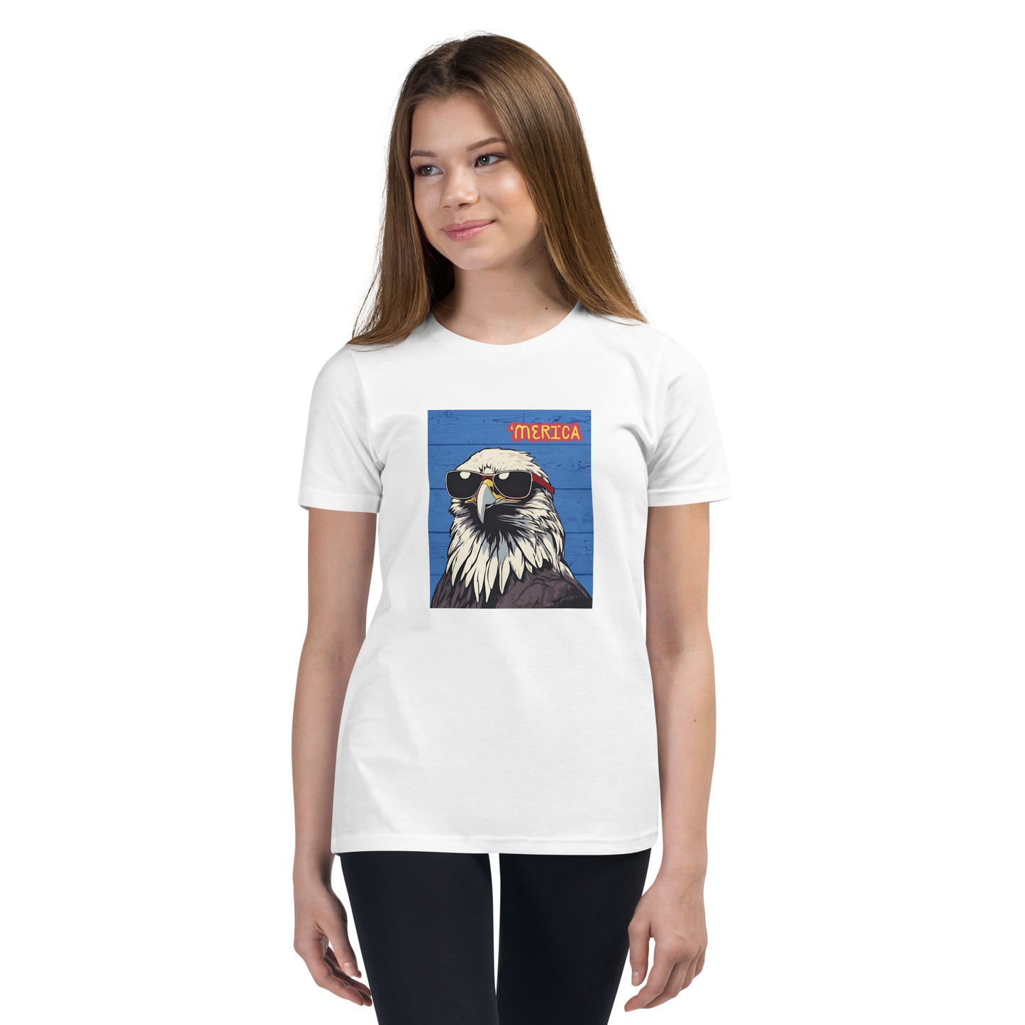 'Merica Bald Eagle w/ Sunglasses in blue- Youth Short Sleeve T-Shirt