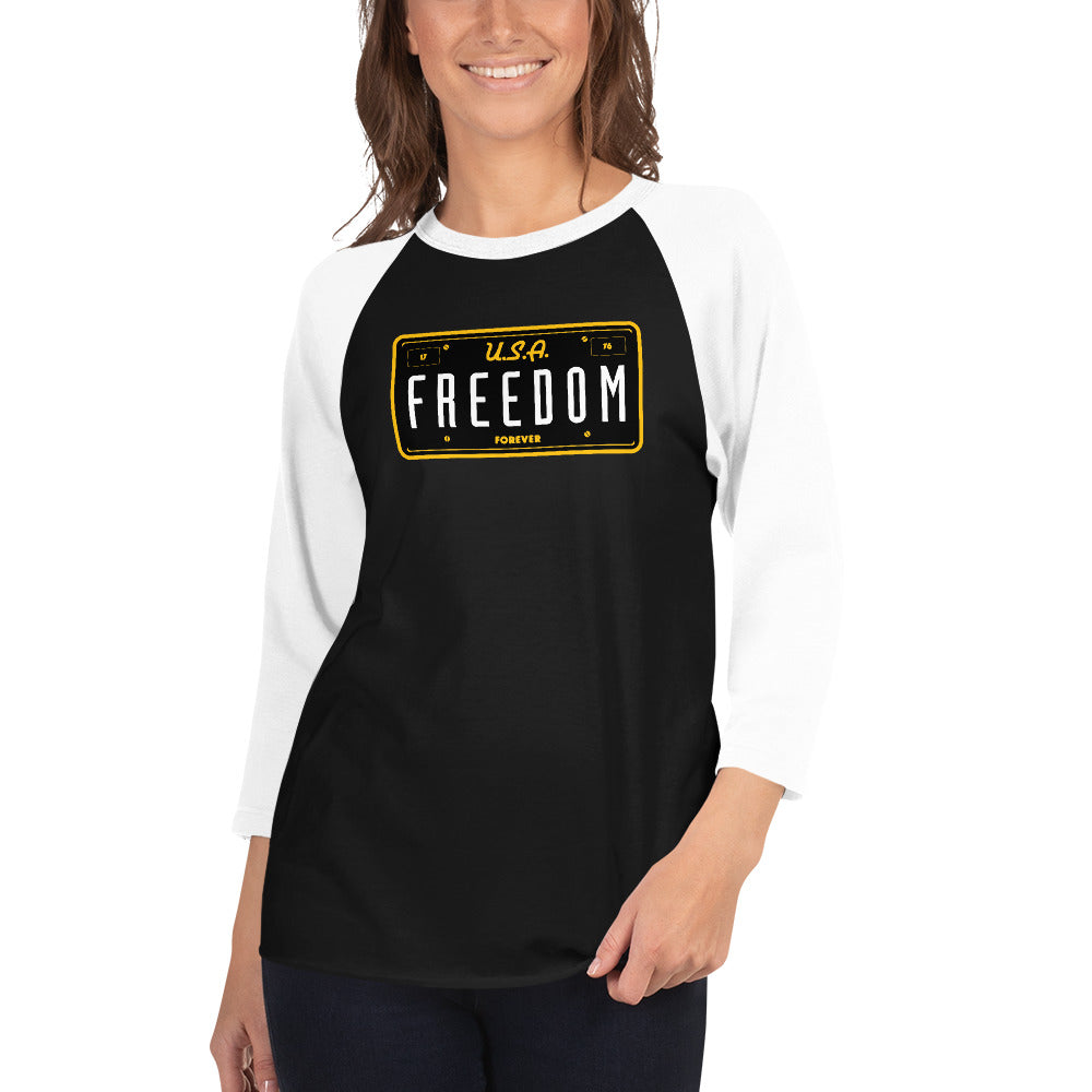 USA Freedom Forever License Plate 3/4 sleeve raglan shirt