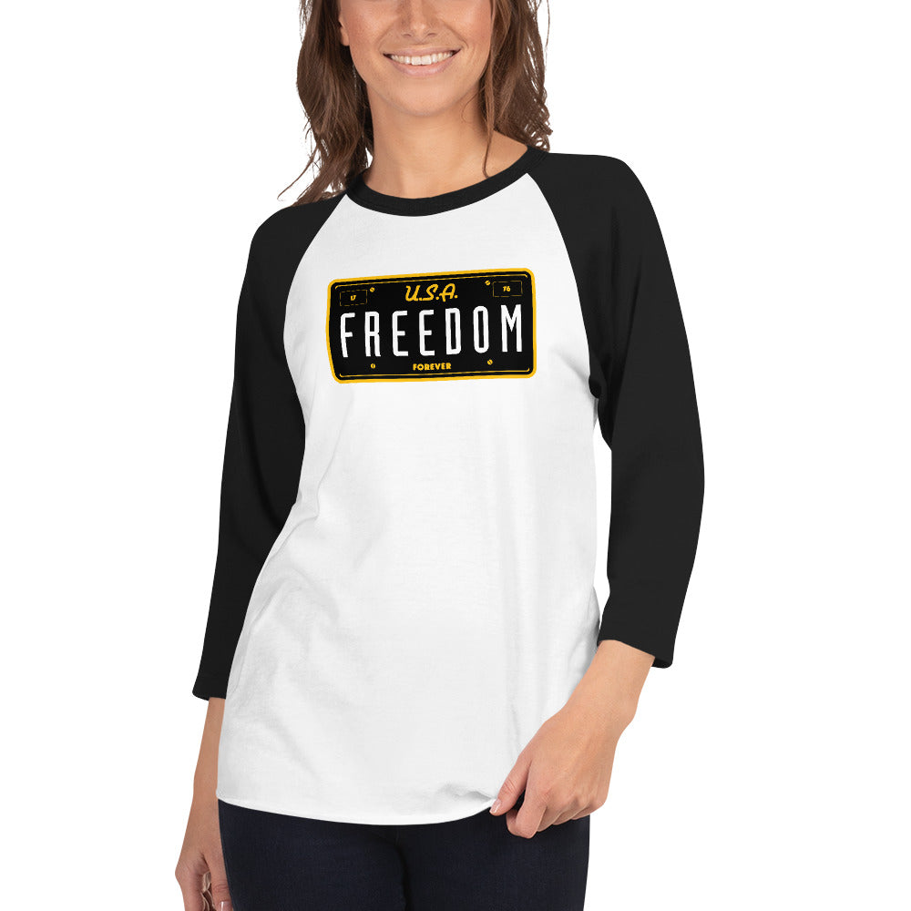 USA Freedom Forever License Plate 3/4 sleeve raglan shirt