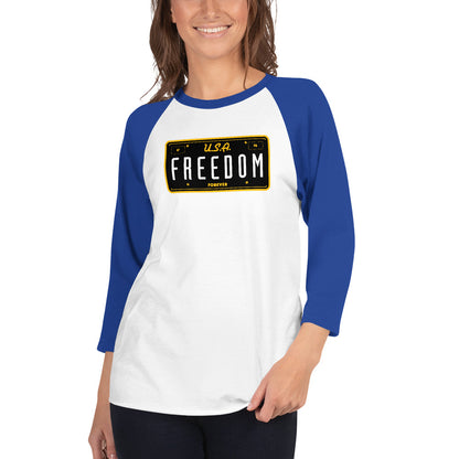 USA Freedom Forever License Plate 3/4 sleeve raglan shirt