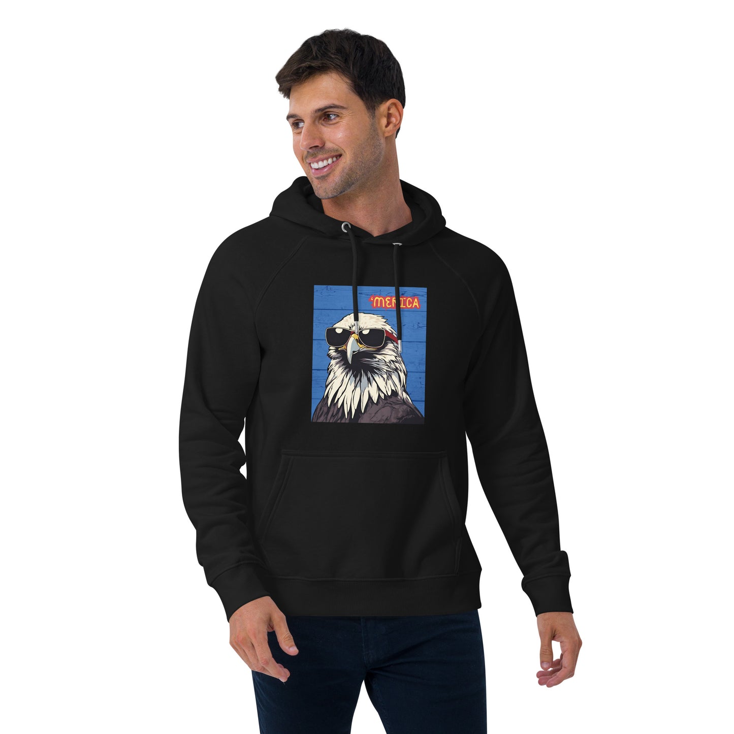 'Merican Bald Eagle w/ Sunglasses- 100% ORGANIC COTTON- Unisex eco raglan hoodie