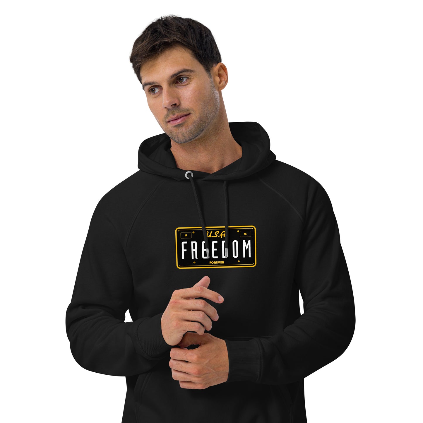 USA Freedom Forever License Plate- 100% ORGANIC COTTON- Unisex eco raglan hoodie