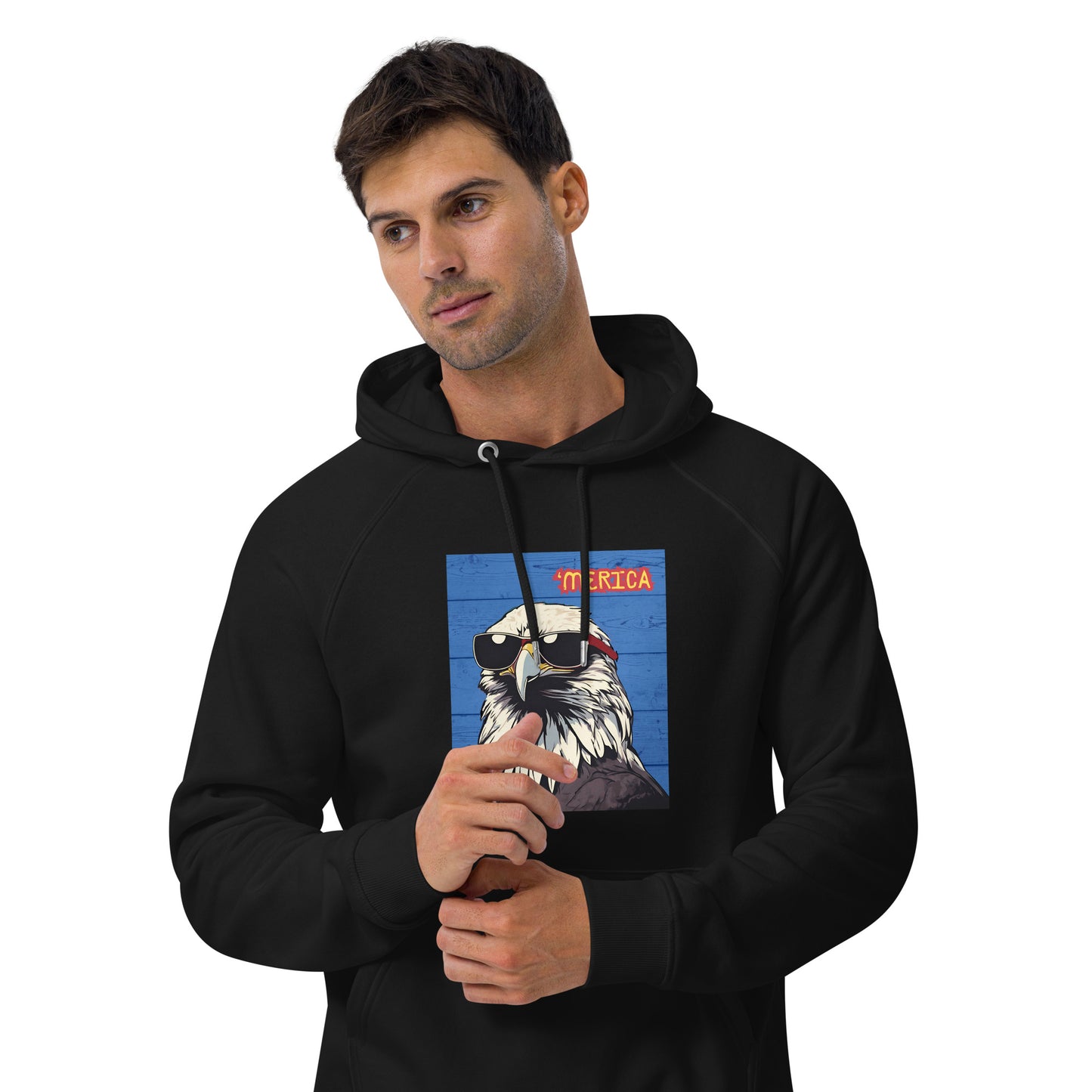 'Merican Bald Eagle w/ Sunglasses- 100% ORGANIC COTTON- Unisex eco raglan hoodie