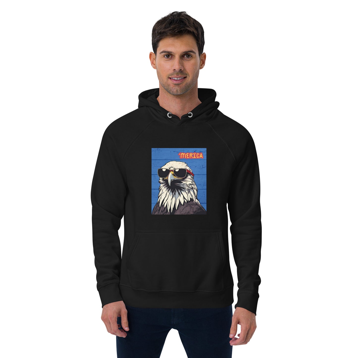 'Merican Bald Eagle w/ Sunglasses- 100% ORGANIC COTTON- Unisex eco raglan hoodie