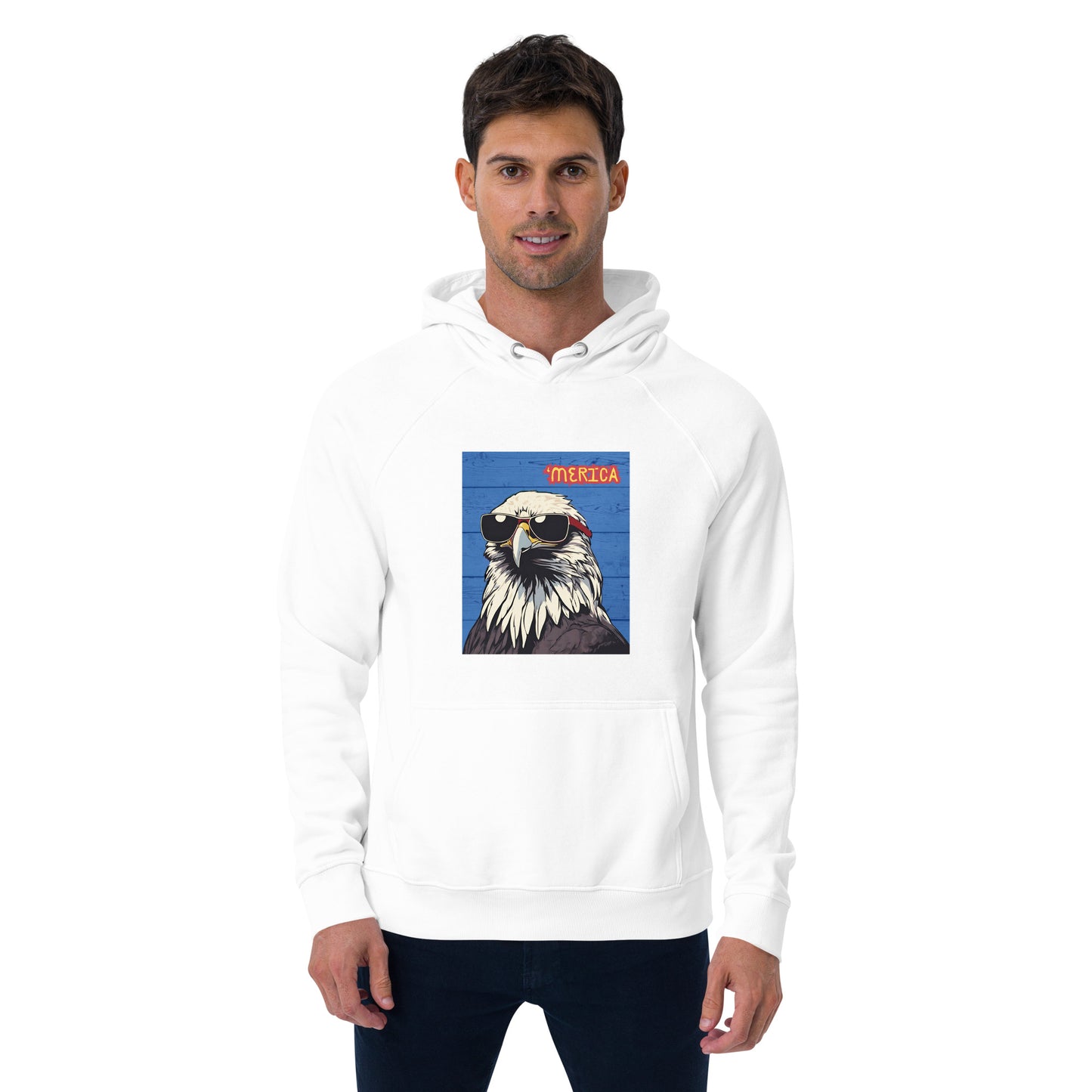 'Merican Bald Eagle w/ Sunglasses- 100% ORGANIC COTTON- Unisex eco raglan hoodie