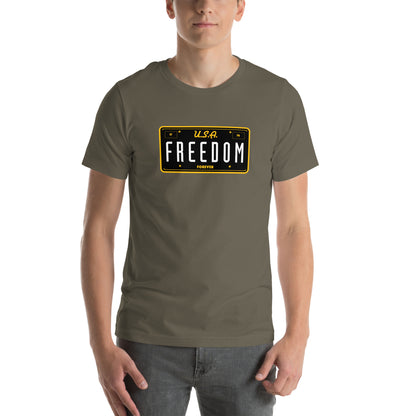 USA Freedom Forever License Plate- 100% COTTON- Unisex t-shirt