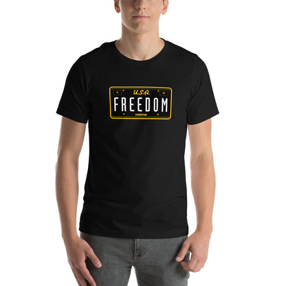 USA Freedom Forever License Plate- 100% COTTON- Unisex t-shirt