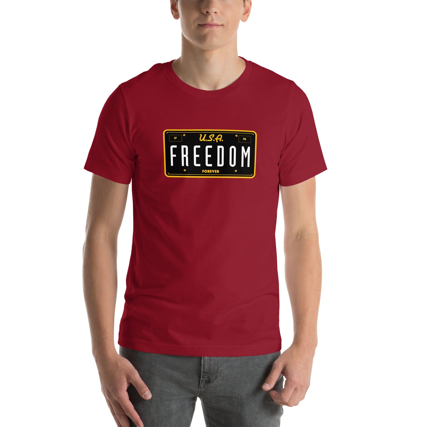 USA Freedom Forever License Plate- 100% COTTON- Unisex t-shirt