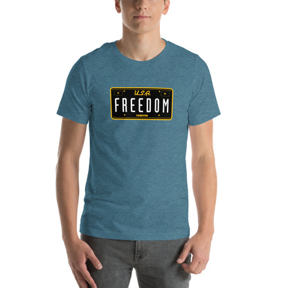 USA Freedom Forever License Plate- 100% COTTON- Unisex t-shirt