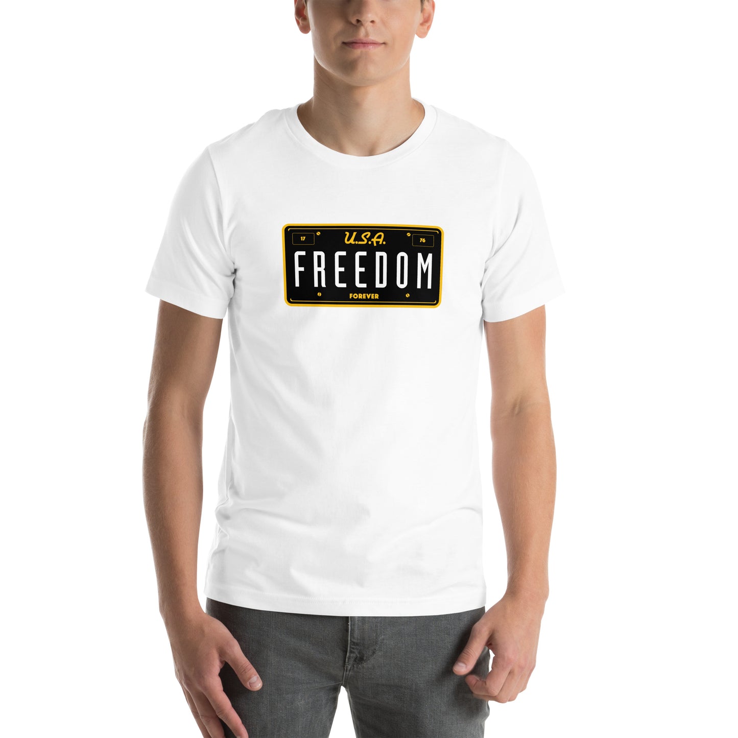 USA Freedom Forever License Plate- 100% COTTON- Unisex t-shirt