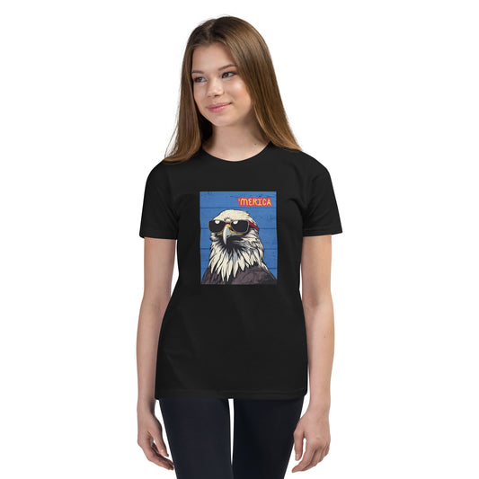 'Merica Bald Eagle w/ Sunglasses in blue- Youth Short Sleeve T-Shirt