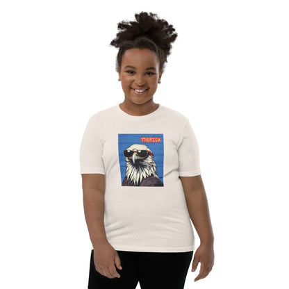 'Merica Bald Eagle w/ Sunglasses in blue- Youth Short Sleeve T-Shirt