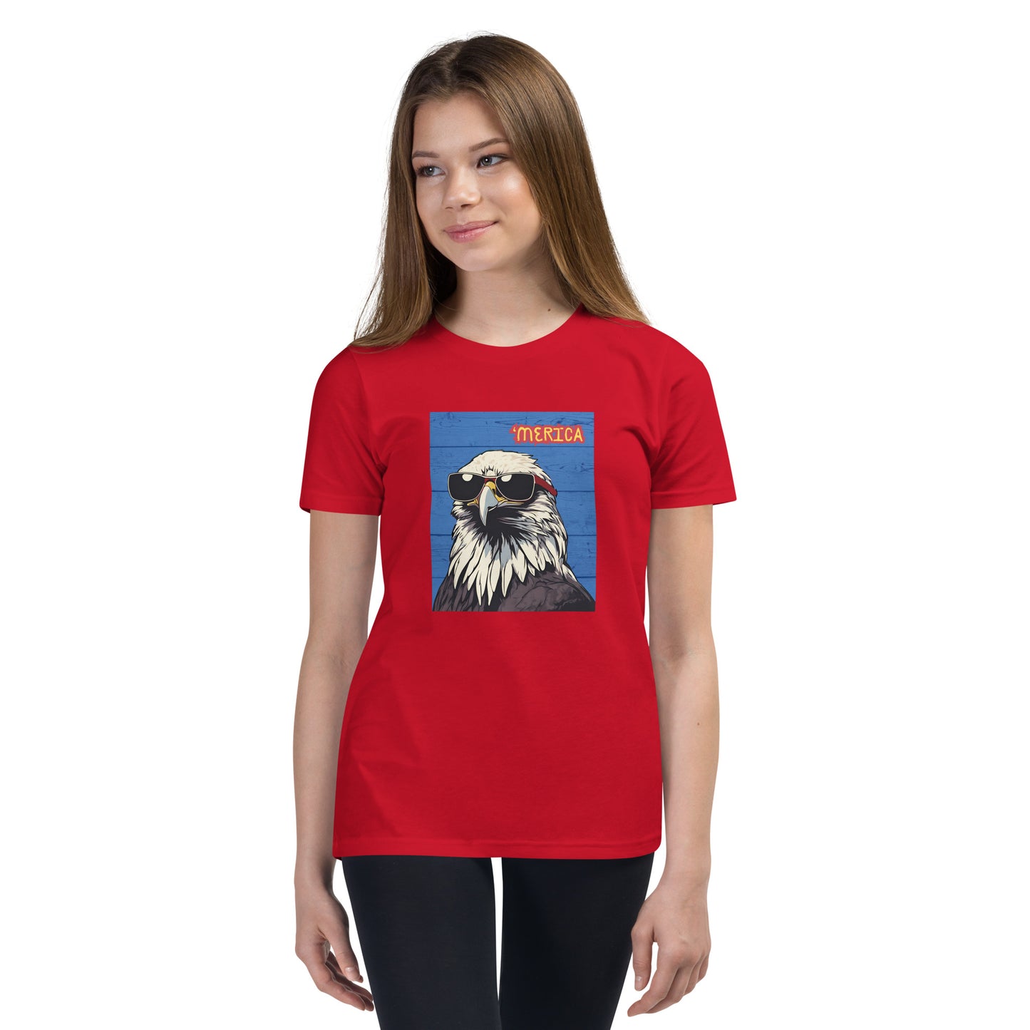 'Merica Bald Eagle w/ Sunglasses in blue- Youth Short Sleeve T-Shirt